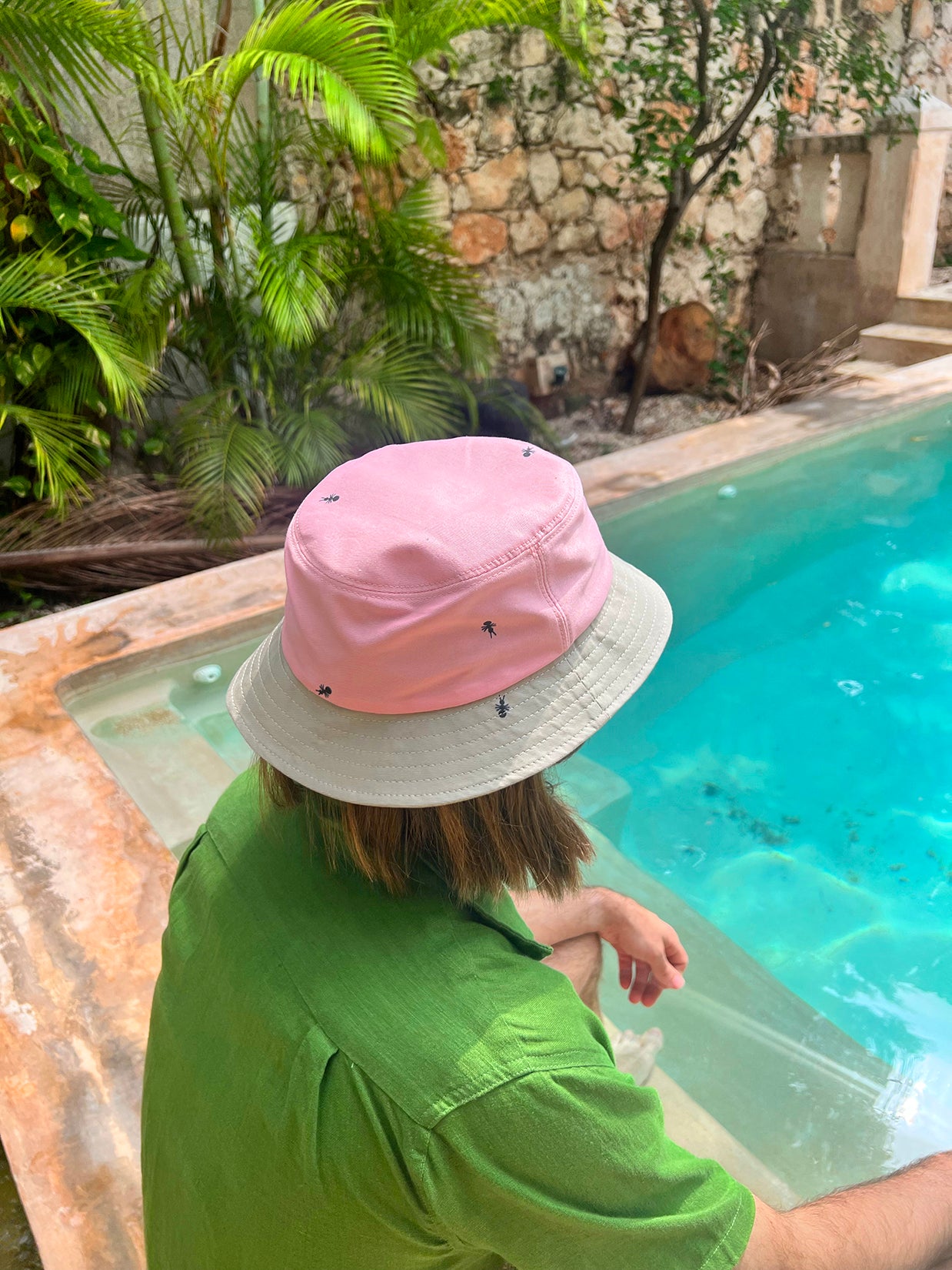 Natali Koromoto x HO HOS HOLE IN THE WALL brands "Ants on Your Hat"  print design bucket hat in Pink Lemonade and Pearl Grey dye colorway fabric combo