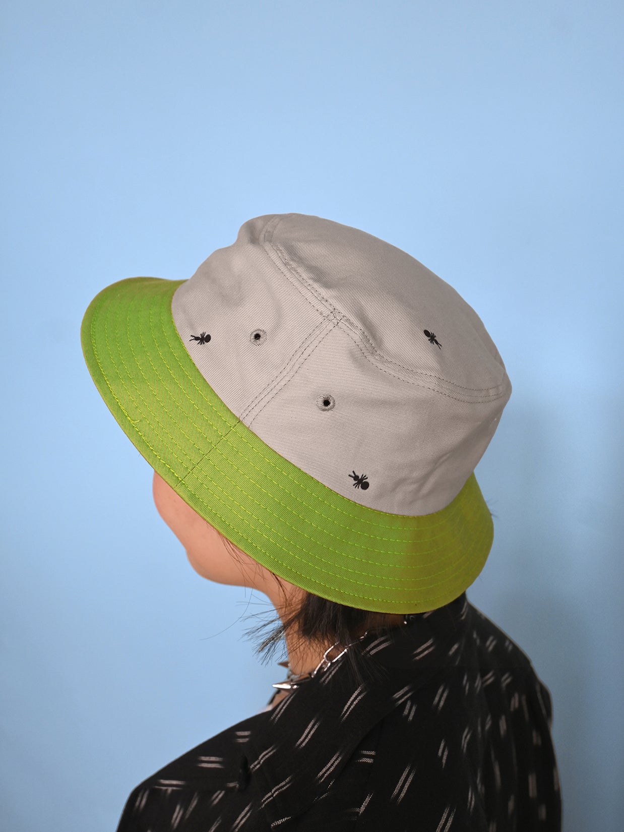 Natali Koromoto x HO HOS HOLE IN THE WALL brands "Ants on Your Hat"  print design bucket hat in Pearl Grey and Avocado Green dye colorway organic cotton fabric combo