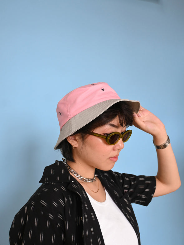 Natali Koromoto x HO HOS HOLE IN THE WALL brands "Ants on Your Hat"  print design bucket hat in Pink Lemonade and Pearl Grey dye colorway fabric combo