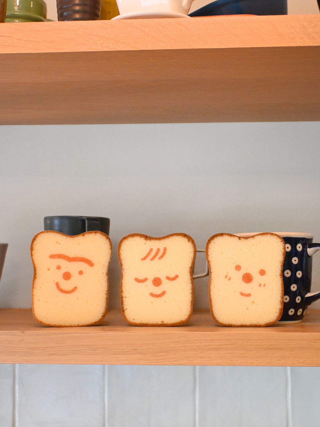 Poundcake/Ponqué sponge design by Natali Koromoto Martinez. Unibrow, Freckles, and Sleepy characters.