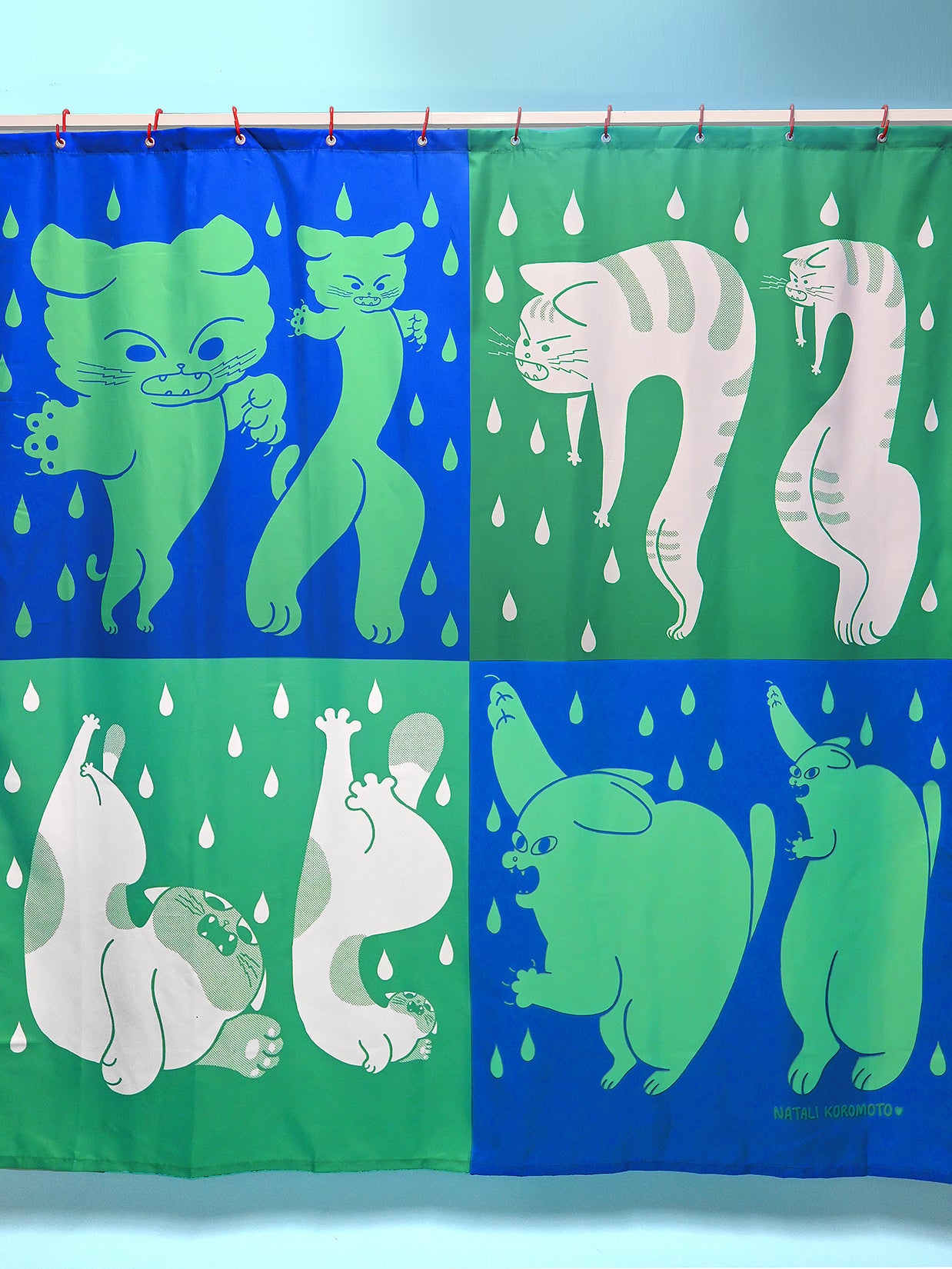 Part of the "Dry Cats" bath collection by illustrator Natali Koromoto. "Dry Cats" shower curtain.
