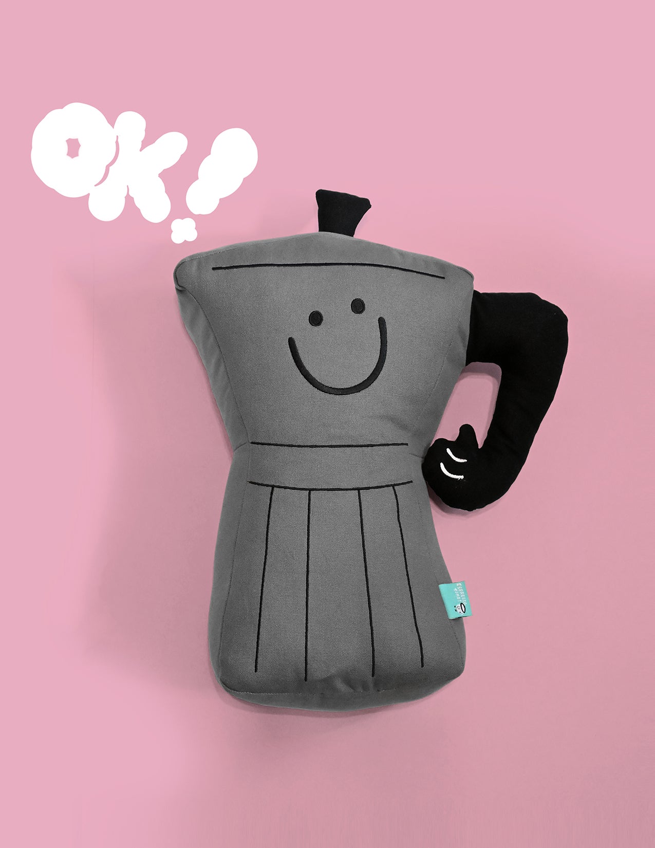 Throw pillow: Smiling espresso percolator character with thumbs up handle for an arm. Design by illustrator Natali Koromoto.
