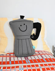 Throw pillow: Smiling espresso percolator character with thumbs up handle for an arm. Design by illustrator Natali Koromoto.
