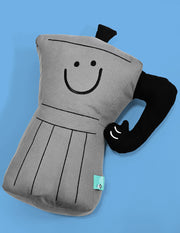 Throw pillow: Smiling espresso percolator character with thumbs up handle for an arm. Design by illustrator Natali Koromoto.