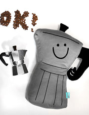Throw pillow: Smiling espresso percolator character with thumbs up handle for an arm. Design by illustrator Natali Koromoto.