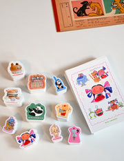 Pack of 10 vinyl stickers, Sticky Friends Edition #4. Designs by Natali Koromoto.
Includes one 4" x 6" postcard. 