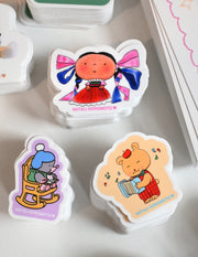 Pack of 10 vinyl stickers, Sticky Friends Edition #4. Designs by Natali Koromoto.
Includes one 4" x 6" postcard. 