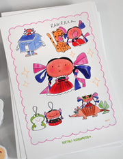 Pack of 10 vinyl stickers, Sticky Friends Edition #4. Designs by Natali Koromoto.
Includes one 4" x 6" postcard. 