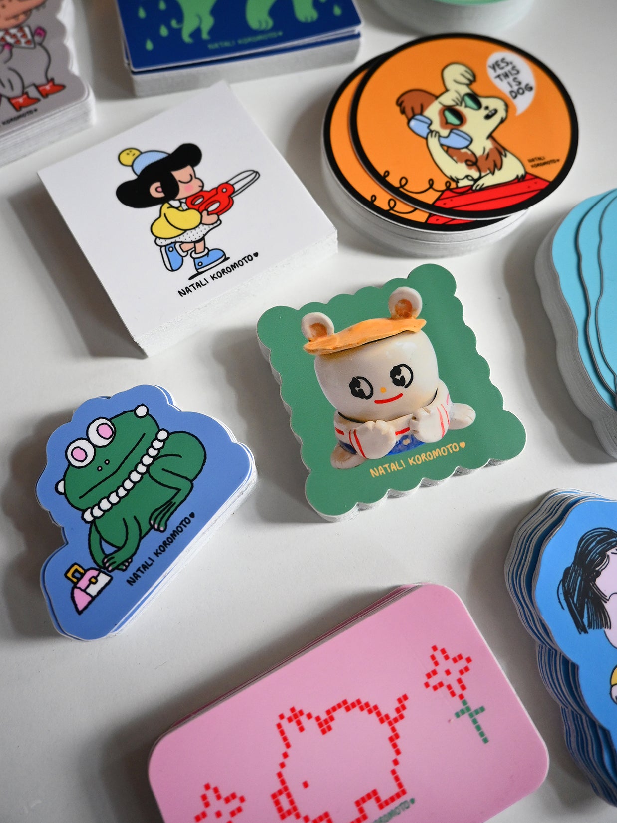 Jumbo Stickers! Designs by Natali Koromoto. Average size 3"x3". Water-resistant. Dishwasher safe