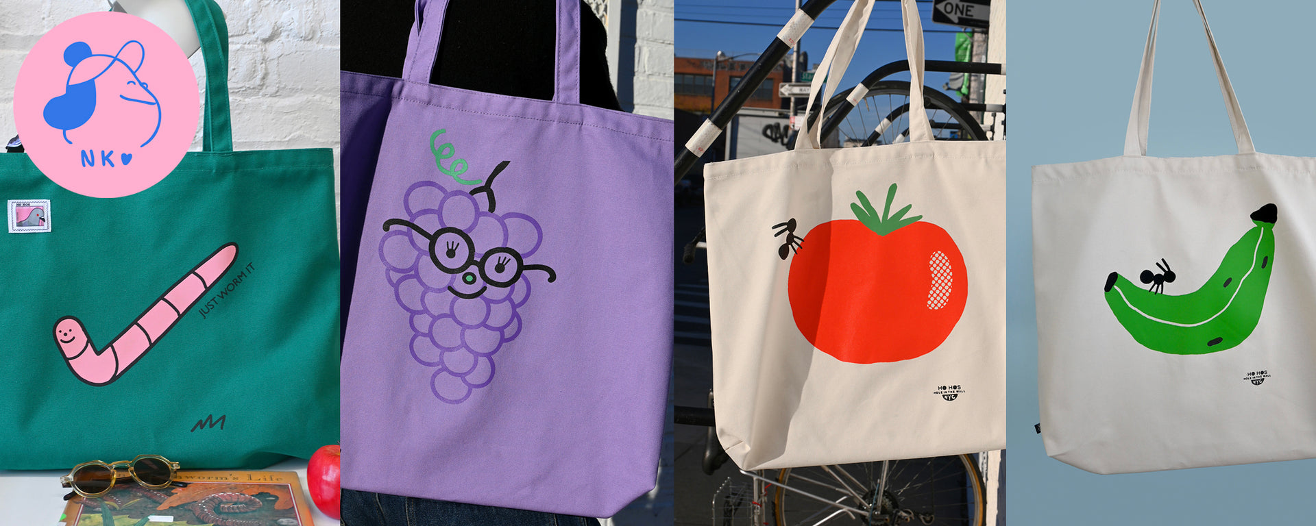 New screenprinted jumbo tote bag designs by Natali Koromoto