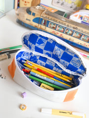 "Passengers" pencil pouch by Natali Koromoto showing inside view with animal characters printed on the lining in a checkerboard pattern. Shows pens and pencils and erasers as contents.