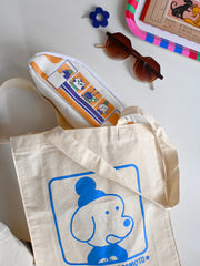 "Passengers" pencil pouch by Natali Koromoto showing full side view with animal characters enjoying their adventure on the Shinkansen bullet train.