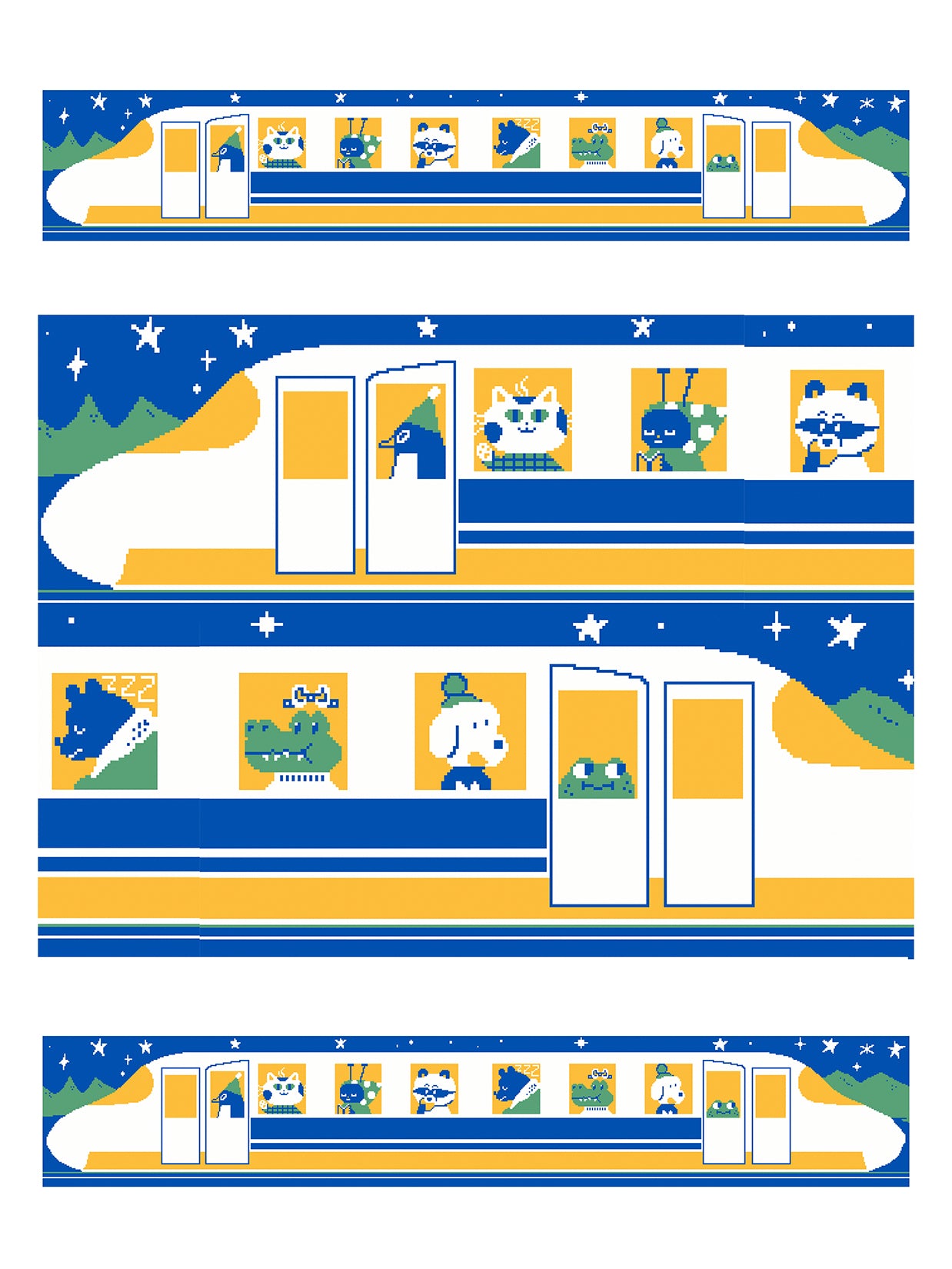 "The Passengers, " inspired by travels on the Japanese Shinkansen bullet train. Design by Natali Koromoto.