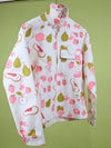 "All over Fruit" print Jacket. Designed by Natali Koromoto's in-house clothing brand Ho Hos Hole in The Wall. Made in NYC with Eco-Twill, a combo organic cotton and polyester spun from recycled water and soda bottles.
