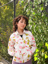 "All over Fruit" print Jacket. Designed by Natali Koromoto's in-house clothing brand Ho Hos Hole in The Wall. Made in NYC with Eco-Twill, a combo organic cotton and polyester spun from recycled water and soda bottles.
