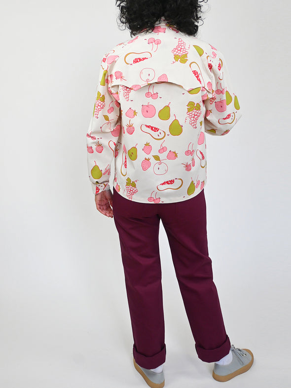 "All over Fruit" print Jacket. Designed by Natali Koromoto's in-house clothing brand Ho Hos Hole in The Wall. Made in NYC with Eco-Twill, a combo organic cotton and polyester spun from recycled water and soda bottles.
