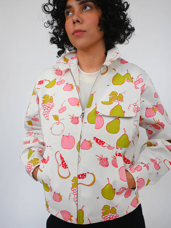 "All over Fruit" print Jacket. Designed by Natali Koromoto's in-house clothing brand Ho Hos Hole in The Wall. Made in NYC with Eco-Twill, a combo organic cotton and polyester spun from recycled water and soda bottles.