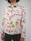 "All over Fruit" print Jacket. Designed by Natali Koromoto's in-house clothing brand Ho Hos Hole in The Wall. Made in NYC with Eco-Twill, a combo organic cotton and polyester spun from recycled water and soda bottles.