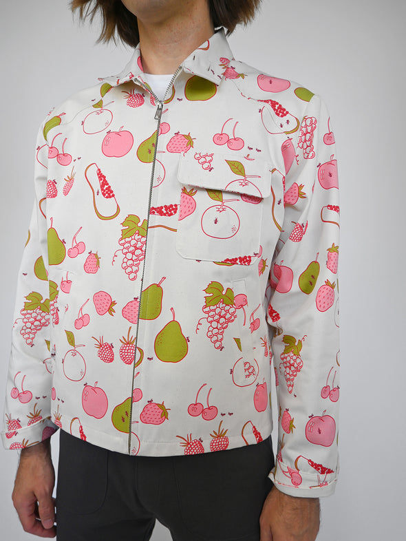 "All over Fruit" print Jacket. Designed by Natali Koromoto's in-house clothing brand Ho Hos Hole in The Wall. Made in NYC with Eco-Twill, a combo organic cotton and polyester spun from recycled water and soda bottles.