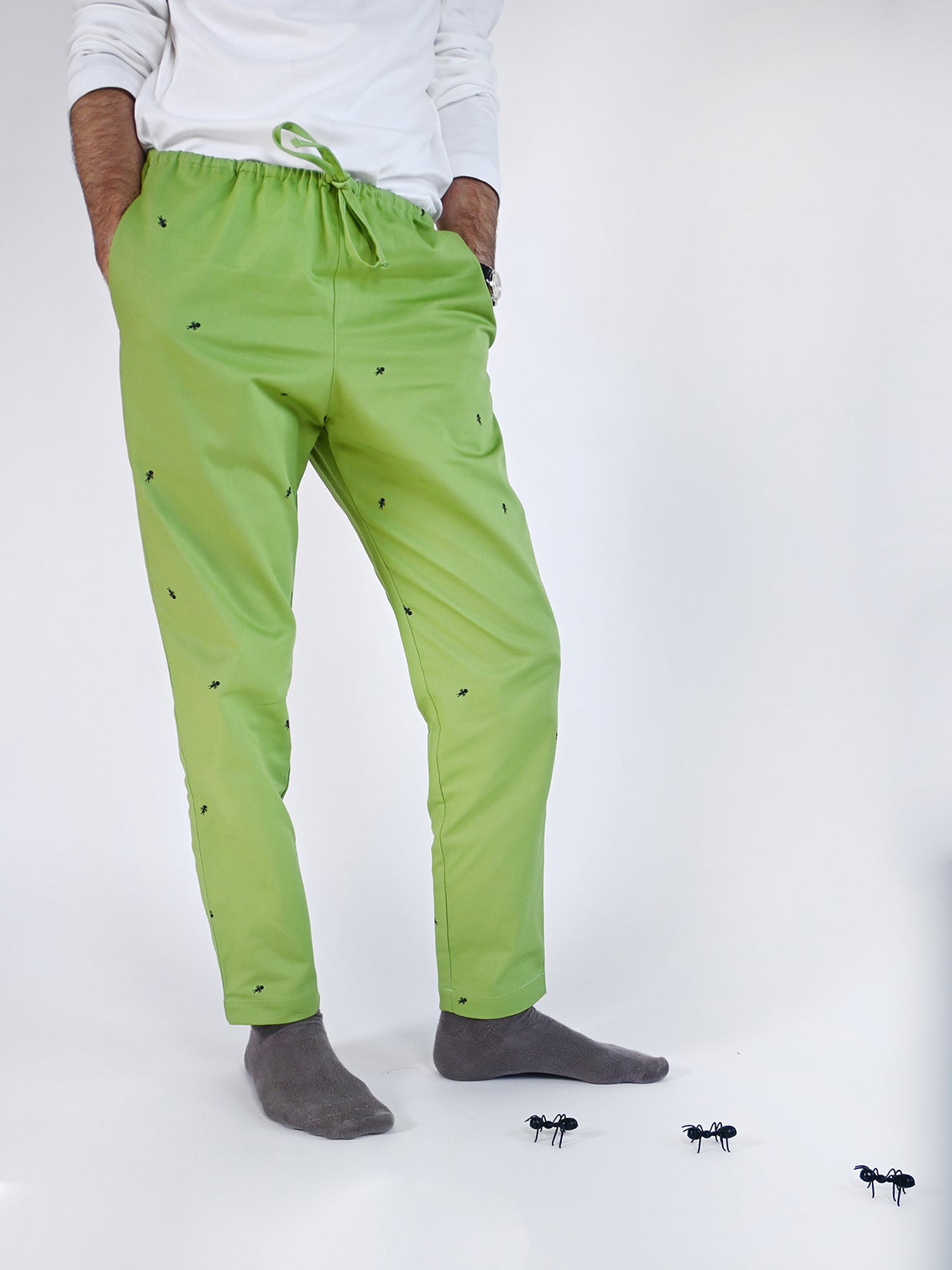 Natali Koromoto x HO HOS HOLE IN THE WALL brands "Ants on Your Pants"  print design lounge pull-on pants in Avocado green dye colorway. 100% organic cotton twill.