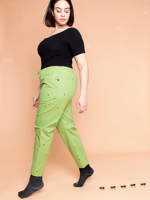Natali Koromoto x HO HOS HOLE IN THE WALL brands "Ants on Your Pants"  print design lounge pull-on pants in Avocado green dye colorway. 100% organic cotton twill.