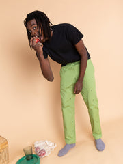 Natali Koromoto x HO HOS HOLE IN THE WALL brands "Ants on Your Pants"  print design lounge pull-on pants in Avocado green dye colorway. 100% organic cotton twill.
