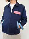"In the navy" color block Jacket design by Natali Koromoto's in-house clothing brand Ho Hos Hole in The Wall. Made in NYC with Eco-Twill, a combo organic cotton and polyester spun from recycled water and soda bottles.
