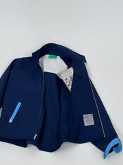 "In the navy" color block Jacket design by Natali Koromoto's in-house clothing brand Ho Hos Hole in The Wall. Made in NYC with Eco-Twill, a combo organic cotton and polyester spun from recycled water and soda bottles.