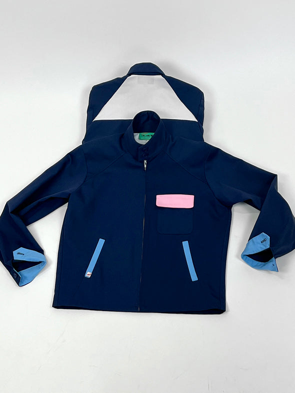 "In the navy" color block Jacket design by Natali Koromoto's in-house clothing brand Ho Hos Hole in The Wall. Made in NYC with Eco-Twill, a combo organic cotton and polyester spun from recycled water and soda bottles.