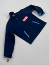 "In the navy" color block Jacket design by Natali Koromoto's in-house clothing brand Ho Hos Hole in The Wall. Made in NYC with Eco-Twill, a combo organic cotton and polyester spun from recycled water and soda bottles.