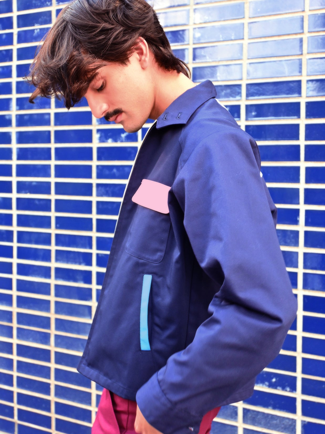 "In the navy" color block Jacket design by Natali Koromoto's in-house clothing brand Ho Hos Hole in The Wall. Made in NYC with Eco-Twill, a combo organic cotton and polyester spun from recycled water and soda bottles.
